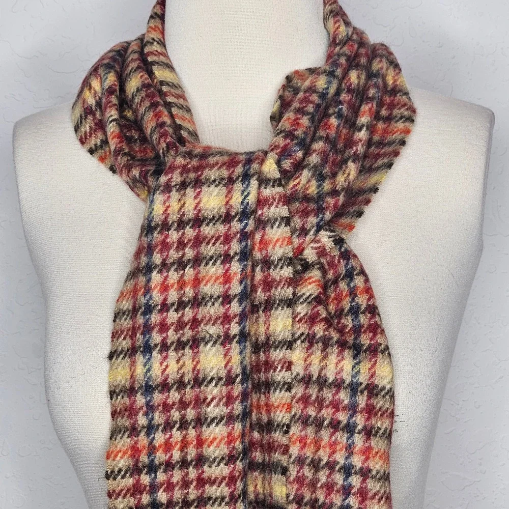 100% Cashmere Plaid Houndstooth Scarf Burgundy Orange Tan Fringe‎ Unisex